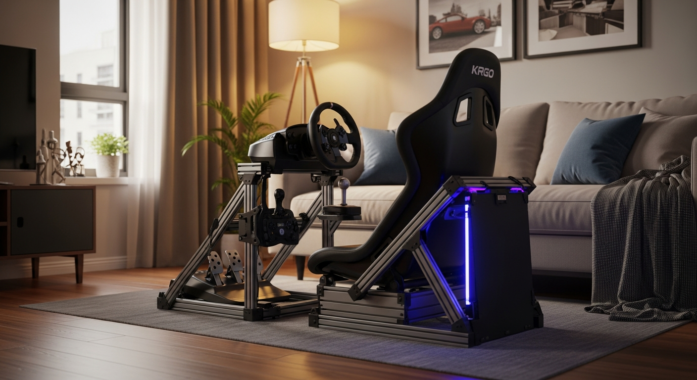 Cockpit sim racing pliable installé dans un salon d'appartement moderne, ambiance cosy avec éclairage gaming subtil