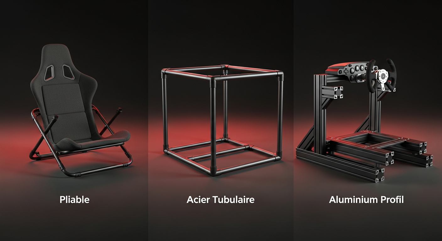 Comparaison des trois types de châssis sim racing : pliable, acier tubulaire et aluminium profilé