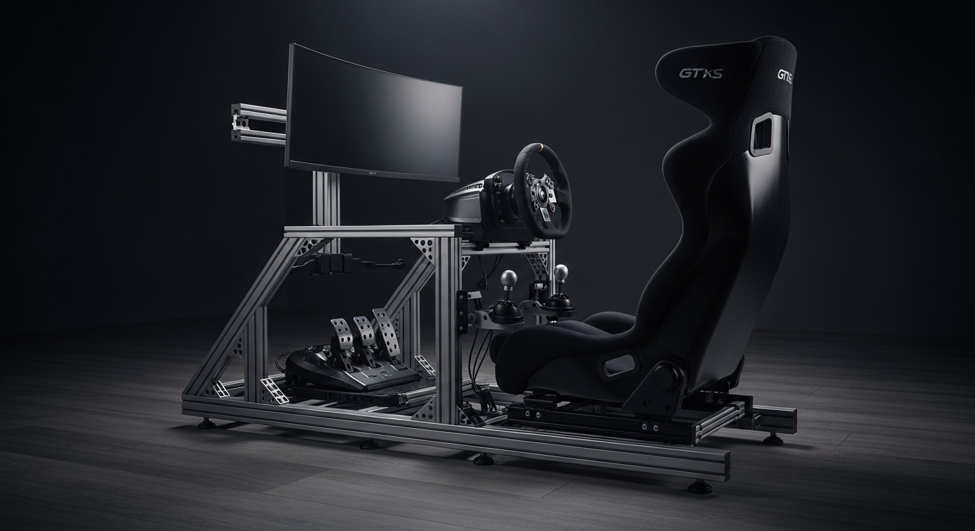 Cockpit sim racing en profil aluminium avec siège baquet, volant Direct Drive et écran ultrawide dans une ambiance gaming sombre