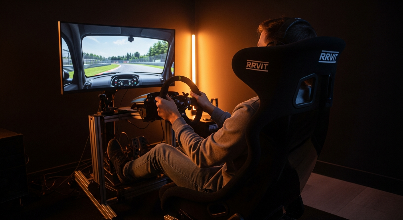 Un sim racer installé dans la bonne position de pilotage : bras légèrement pliés sur le volant, jambes à bonne distance des pédales